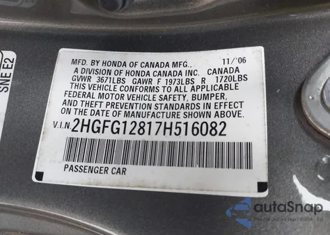 2007 Honda Civic Ex z USA, uszkodzony, nr VIN 2HGFG12817H516082